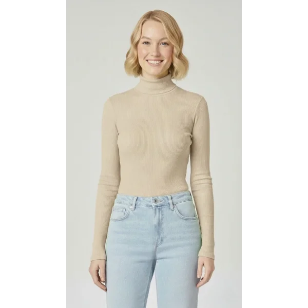 Kadın Tam Boğazlı Fitilli Likrali Kaşkorse Badi İnce Uzun Kollu Kazak - Bej