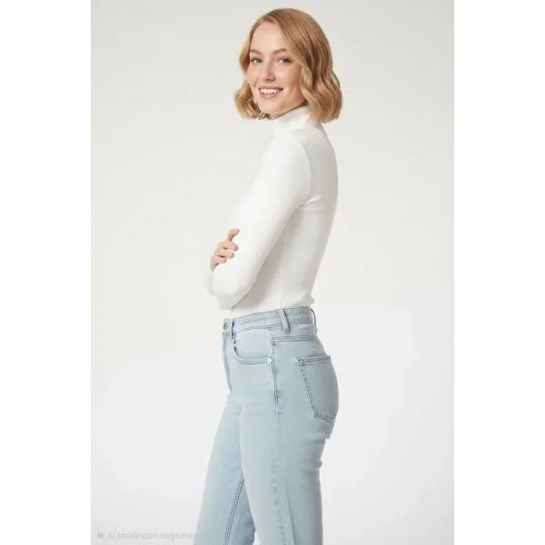 Kadın Tam Boğazlı Fitilli Likrali Kaşkorse Badi İnce Uzun Kollu Kazak - Beyaz