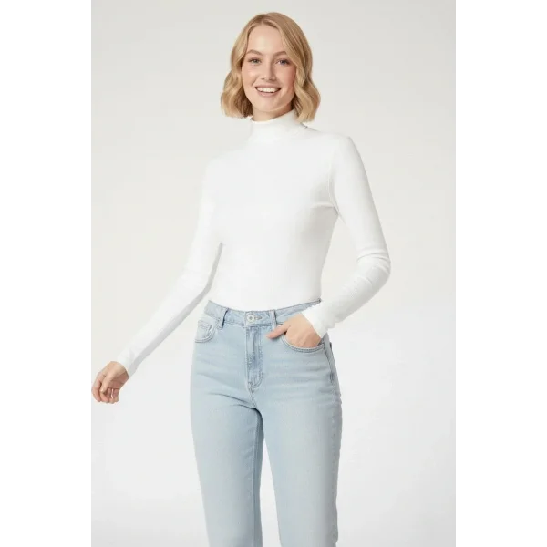 Kadın Tam Boğazlı Fitilli Likrali Kaşkorse Badi İnce Uzun Kollu Kazak - Beyaz