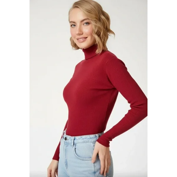 Kadın Tam Boğazlı Fitilli Likrali Kaşkorse Badi İnce Uzun Kollu Kazak - Bordo