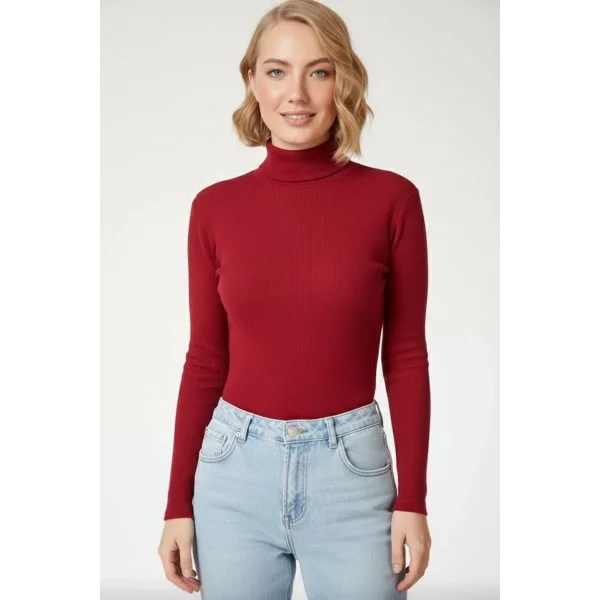 Kadın Tam Boğazlı Fitilli Likrali Kaşkorse Badi İnce Uzun Kollu Kazak - Bordo