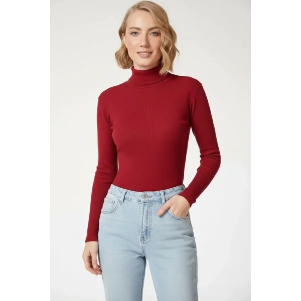 Kadın Tam Boğazlı Fitilli Likrali Kaşkorse Badi İnce Uzun Kollu Kazak - Bordo