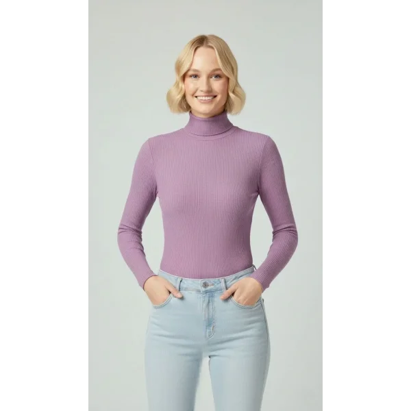 Kadın Tam Boğazlı Fitilli Likrali Kaşkorse Badi İnce Uzun Kollu Kazak - Mor