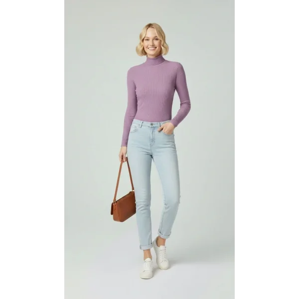 Kadın Tam Boğazlı Fitilli Likrali Kaşkorse Badi İnce Uzun Kollu Kazak - Mor