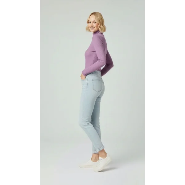 Kadın Tam Boğazlı Fitilli Likrali Kaşkorse Badi İnce Uzun Kollu Kazak - Mor