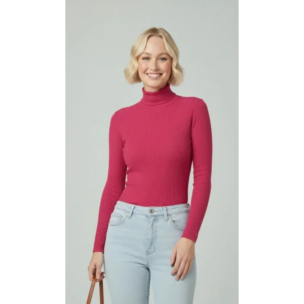 Kadın Tam Boğazlı Fitilli Likrali Kaşkorse Badi İnce Uzun Kollu Kazak - Pembe