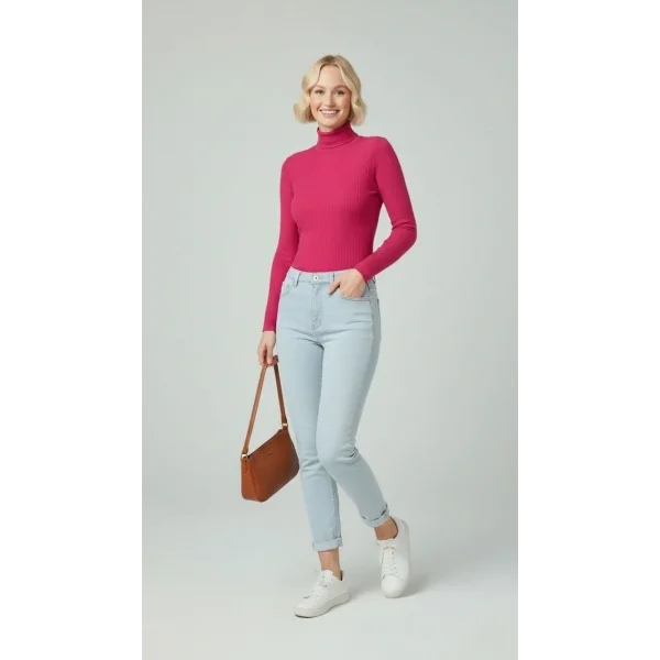 Kadın Tam Boğazlı Fitilli Likrali Kaşkorse Badi İnce Uzun Kollu Kazak - Pembe