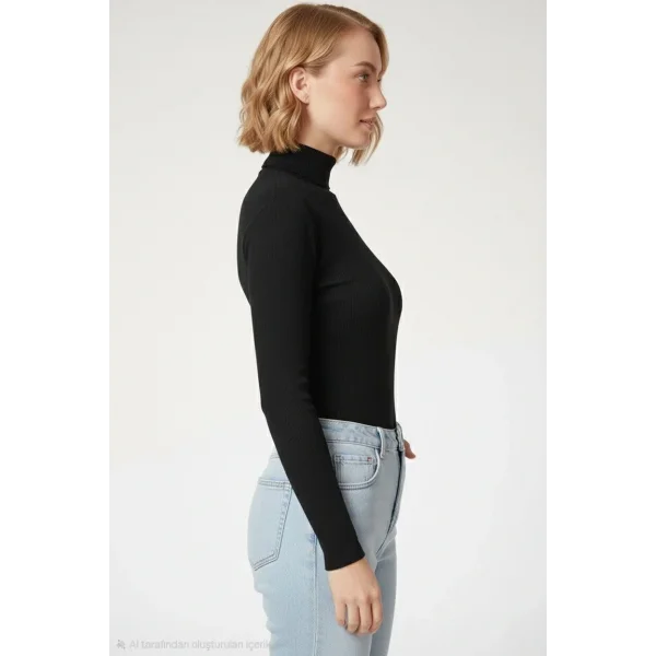 Kadın Tam Boğazlı Fitilli Likrali Kaşkorse Badi İnce Uzun Kollu Kazak - Siyah