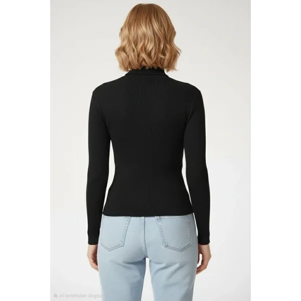 Kadın Tam Boğazlı Fitilli Likrali Kaşkorse Badi İnce Uzun Kollu Kazak - Siyah