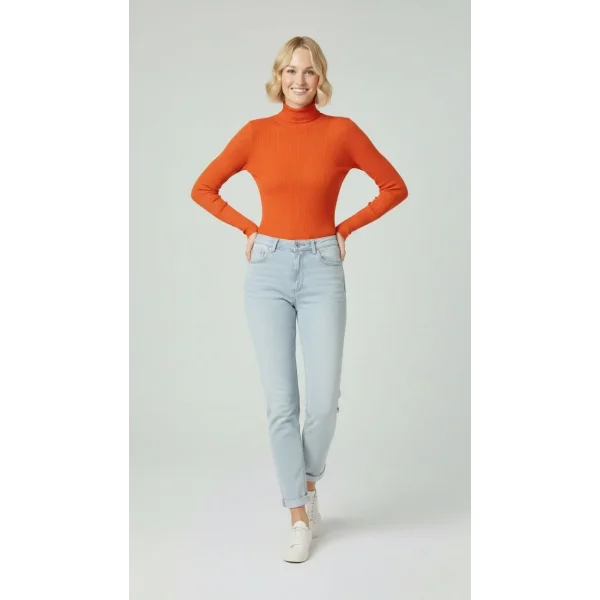 Kadın Tam Boğazlı Fitilli Likrali Kaşkorse Badi İnce Uzun Kollu Kazak - Turuncu