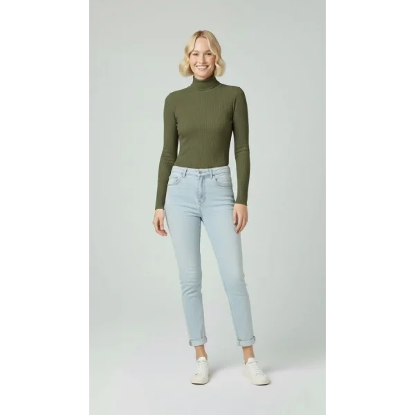 Kadın Tam Boğazlı Fitilli Likrali Kaşkorse Badi İnce Uzun Kollu Rahat Kazak - Haki