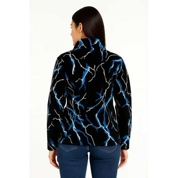 Kadın Tam Fermuarlı Desenli Polar Sweat Lightning Desen Yakalı, Uzun Kollu, Oversize Rahat Kalıp - Siyah