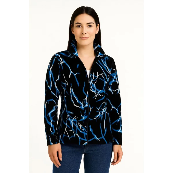 Kadın Tam Fermuarlı Desenli Polar Sweat Lightning Desen Yakalı, Uzun Kollu, Oversize Rahat Kalıp - Siyah