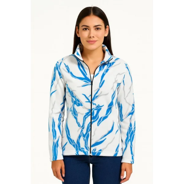 Kadın Tam Fermuarlı Desenli Polar Sweat Lightning Desen Yakalı, Uzun Kollu, Oversize Rahat Kalıp - Beyaz