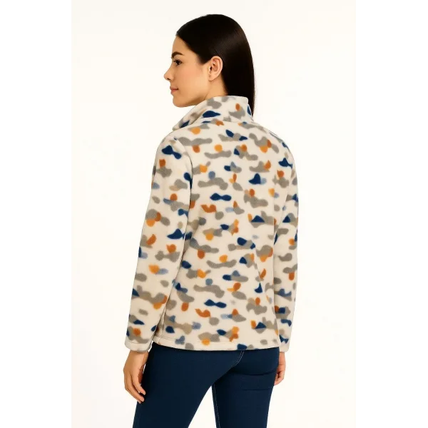 Kadın Tam Fermuarlı Desenli Polar Sweat – Siyah Multicolor Figür Desen Yakalı, Uzun Kollu, Oversize Rahat Kalıp - Beyaz