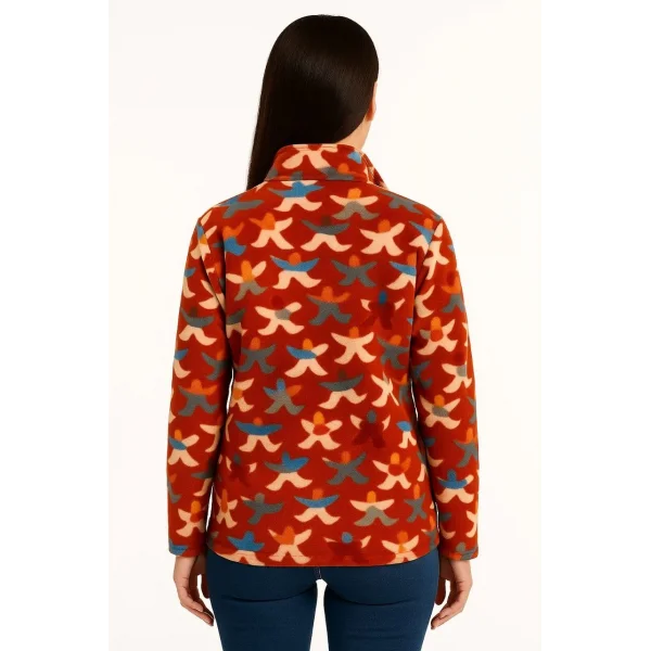 Kadın Tam Fermuarlı Desenli Polar Sweat – Siyah Multicolor Figür Desen Yakalı, Uzun Kollu, Oversize Rahat Kalıp - Kiremit