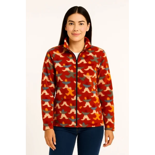 Kadın Tam Fermuarlı Desenli Polar Sweat – Siyah Multicolor Figür Desen Yakalı, Uzun Kollu, Oversize Rahat Kalıp - Kiremit