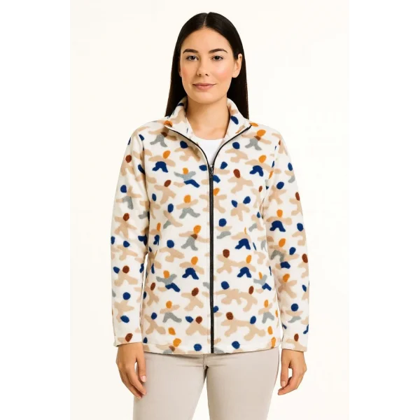 Kadın Tam Fermuarlı Desenli Polar Sweat – Siyah Multicolor Figür Desen Yakalı, Uzun Kollu, Oversize Rahat Kalıp - Beyaz