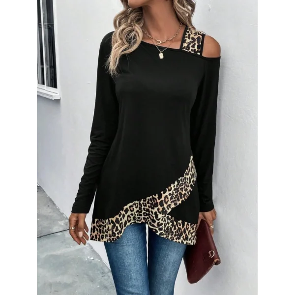 Kadın Tek O Uzdan Açık Askılı Uzun Kollu Leopar Detaylı Viskon Bluz