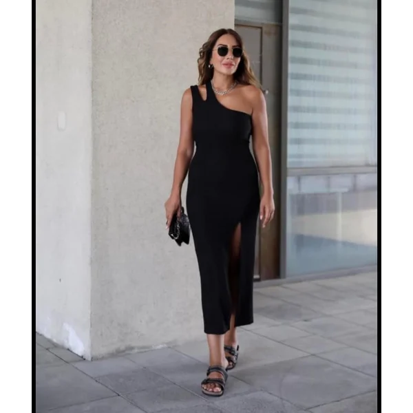 Kadın Tek Omuz Damla Detay Ottoman Kumaş Elbise