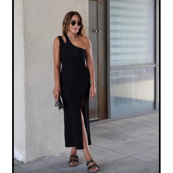 Kadın Tek Omuz Damla Detay Ottoman Kumaş Elbise