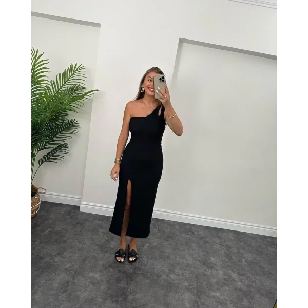 Kadın Tek Omuz Damla Detay Ottoman Kumaş Elbise