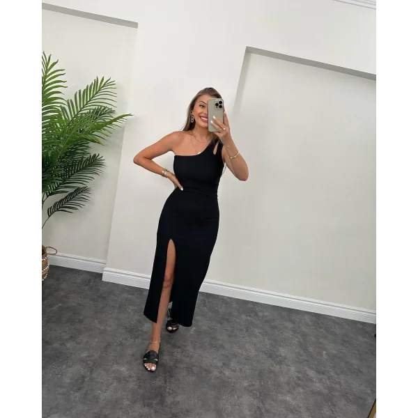 Kadın Tek Omuz Damla Detay Ottoman Kumaş Elbise