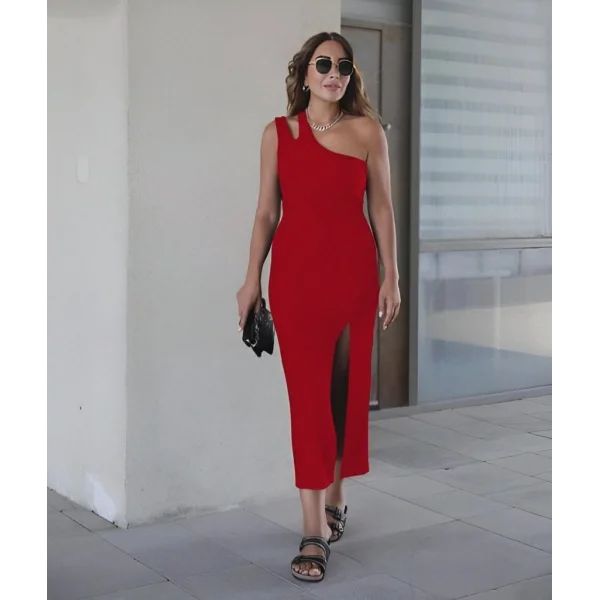 Kadın Tek Omuz Damla Detay Yırtmaçlı Krep Elbise