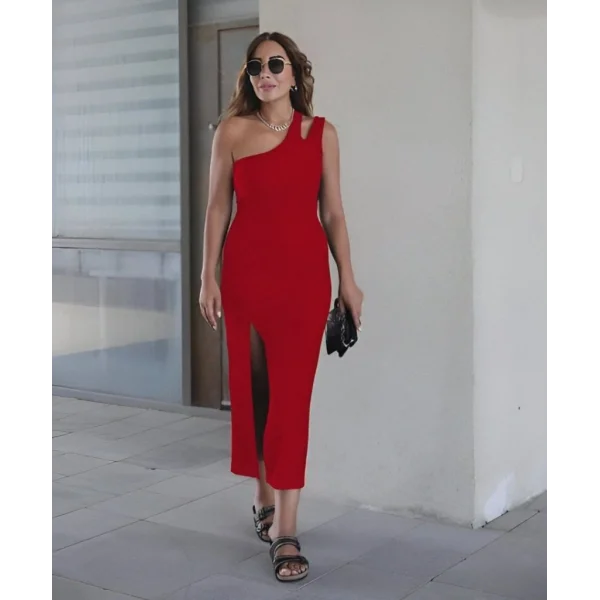 Kadın Tek Omuz Damla Detay Yırtmaçlı Krep Elbise