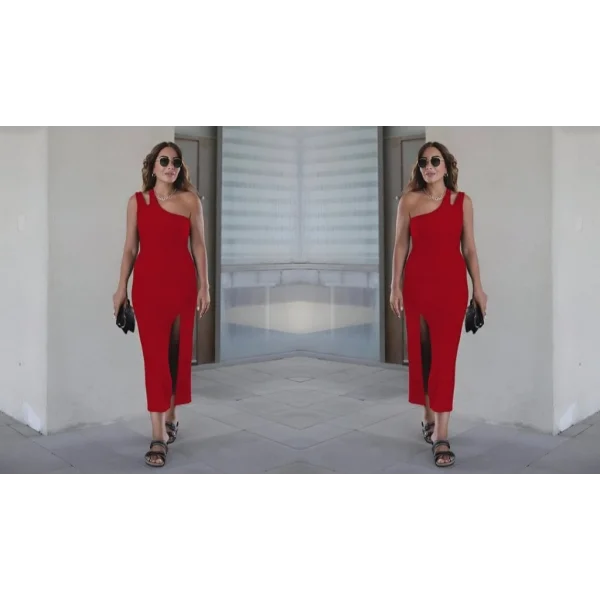 Kadın Tek Omuz Damla Detay Yırtmaçlı Krep Elbise