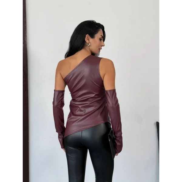 Kadın Tek Omuz Eldiven Detay Deri Bluz