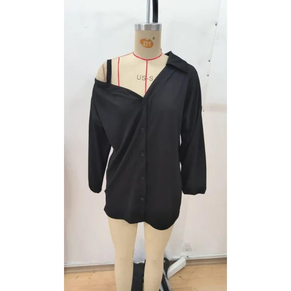 Kadın Tek Omuzdan Açık Askılı Uzun Kollu Yakalı önden Düğmeli Gömlek