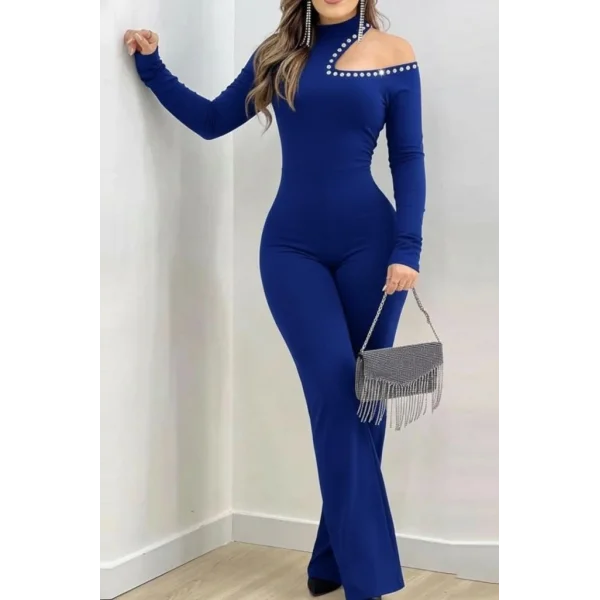 Kadın Tek Omuzdan Açık Balıkçı Yaka Taş Detaylı Uzun Ithal Krep Tulum