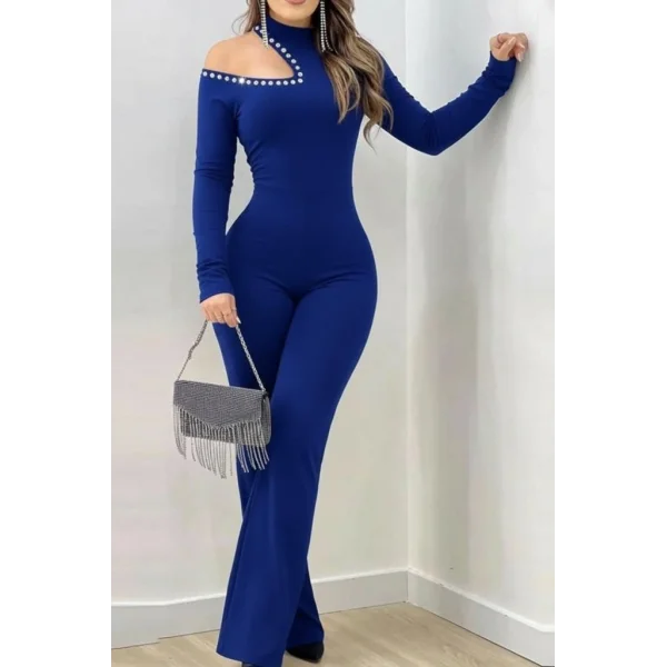 Kadın Tek Omuzdan Açık Balıkçı Yaka Taş Detaylı Uzun Ithal Krep Tulum