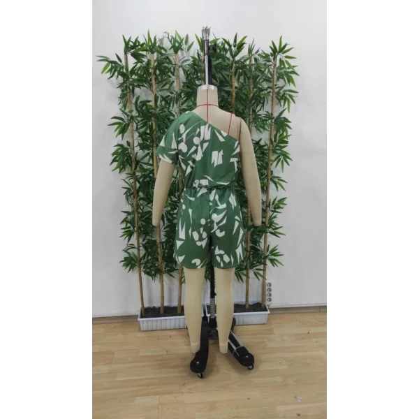 Kadın Tek Omuzdan Açık Beli Lastikli Desenli Süprem Tulum