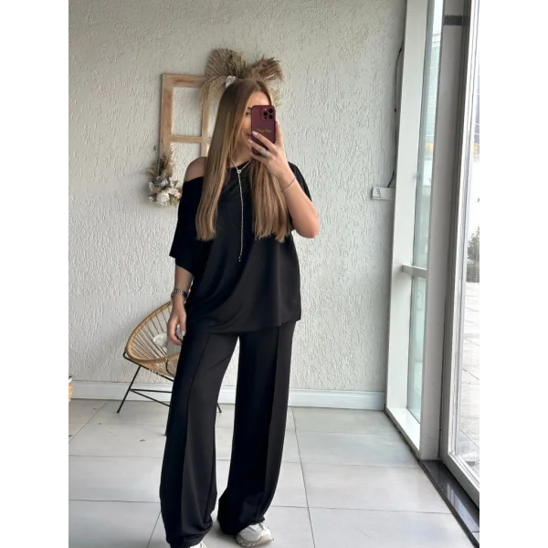 Kadın Tek Omuzdan Açık Geniş Kesim Viskon Iki Iplik Bluz Ve Pantolon Ikili Takım