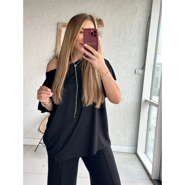 Kadın Tek Omuzdan Açık Geniş Kesim Viskon Iki Iplik Bluz Ve Pantolon Ikili Takım