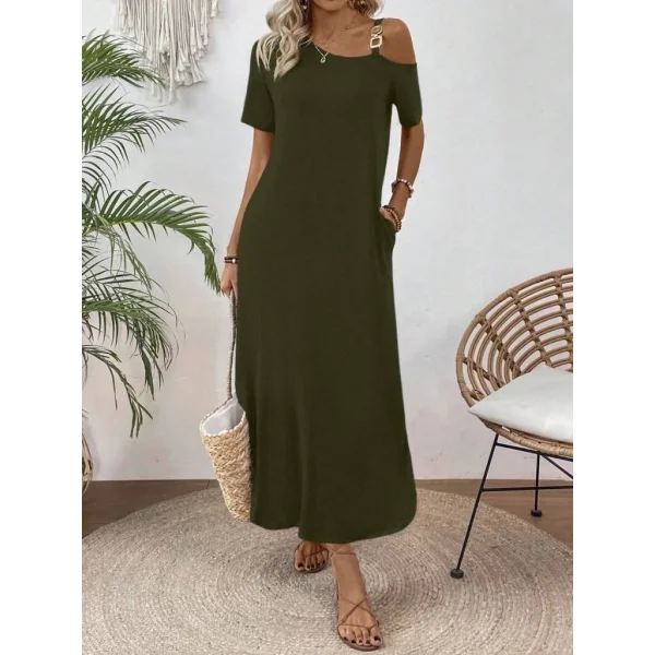 Kadın Tek Omuzdan Açık Toka Detaylı Yandan Yırtmaçlı Maksi Boy Viskon Elbise