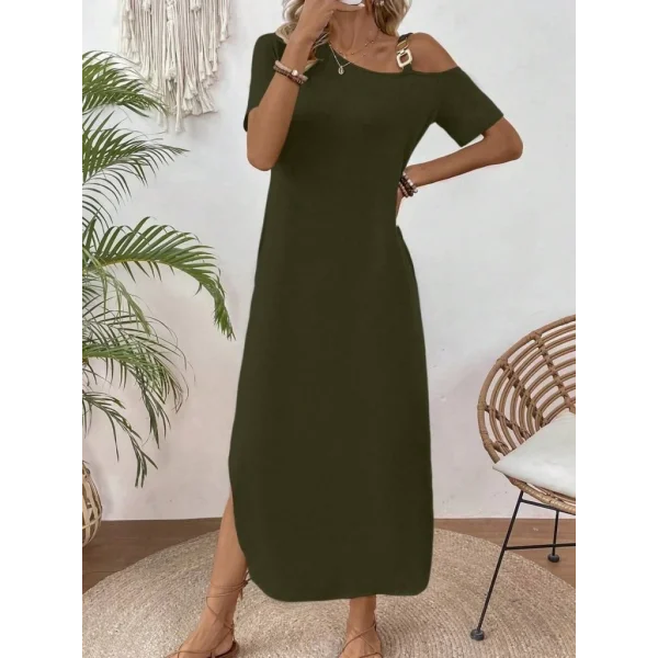 Kadın Tek Omuzdan Açık Toka Detaylı Yandan Yırtmaçlı Maksi Boy Viskon Elbise