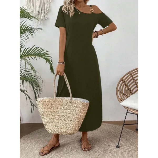 Kadın Tek Omuzdan Açık Toka Detaylı Yandan Yırtmaçlı Maksi Boy Viskon Elbise