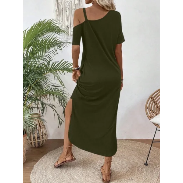 Kadın Tek Omuzdan Açık Toka Detaylı Yandan Yırtmaçlı Maksi Boy Viskon Elbise