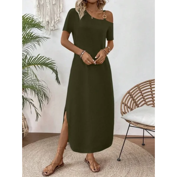 Kadın Tek Omuzdan Açık Toka Detaylı Yandan Yırtmaçlı Maksi Boy Viskon Elbise