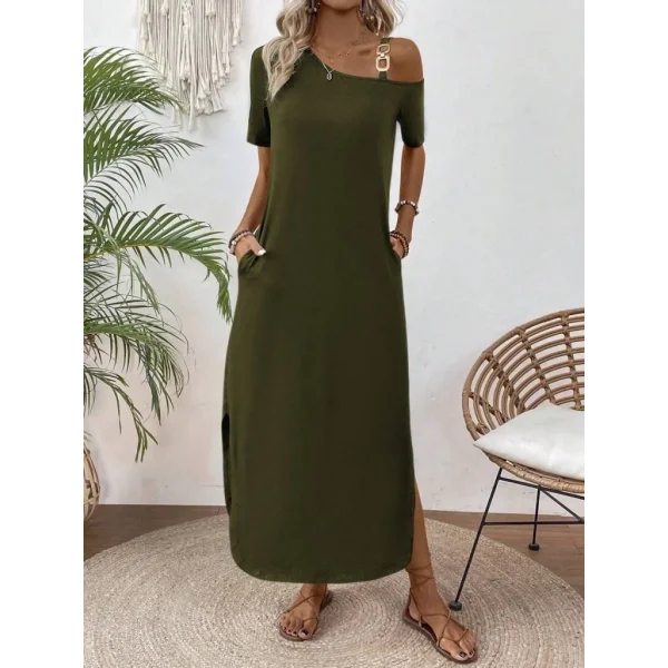 Kadın Tek Omuzdan Açık Toka Detaylı Yandan Yırtmaçlı Maksi Boy Viskon Elbise