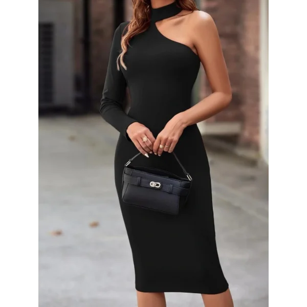 Kadın Tek Omuzdan Açık Uzun Kollu Balıkçı Yaka Midi Ithal Krep Elbise