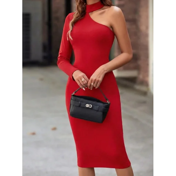 Kadın Tek Omuzdan Açık Uzun Kollu Balıkçı Yaka Midi Ithal Krep Elbise