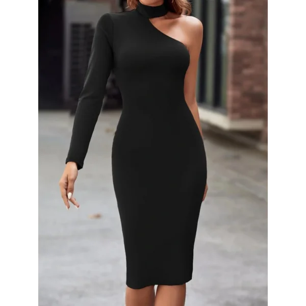 Kadın Tek Omuzdan Açık Uzun Kollu Balıkçı Yaka Midi Ithal Krep Elbise