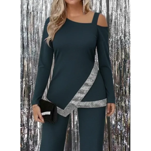 Kadın Tek Omuzdan Açık Uzun Kollu önü Pulpayet Ithal Krep Bluz Ve Pantolon