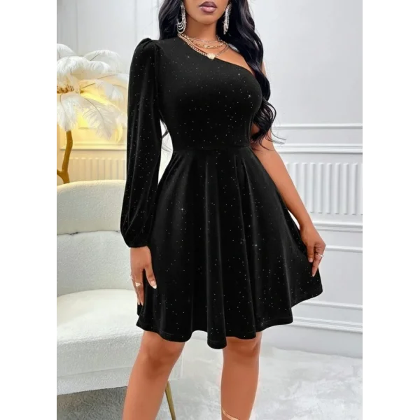 Kadın Tek Omuzdan Açık Uzun Kollu Taşlı Mini Elbise