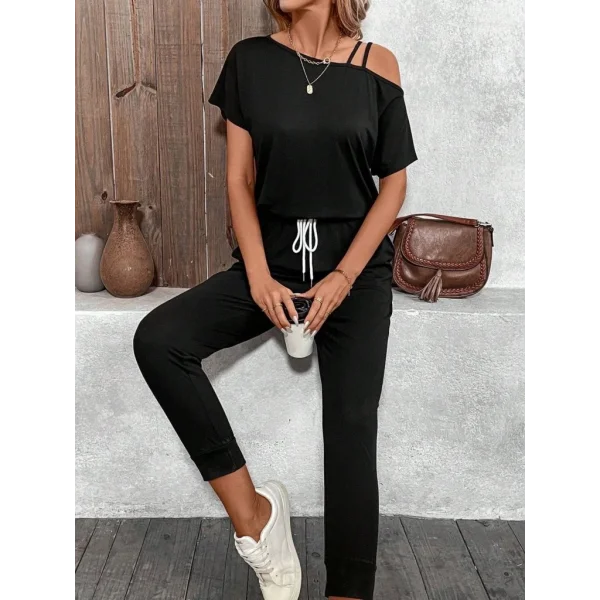 Kadın Tek Omuzdan Açık Viskon Iki Iplik Bluz Bağcıklı Pantolon Ikili Takım