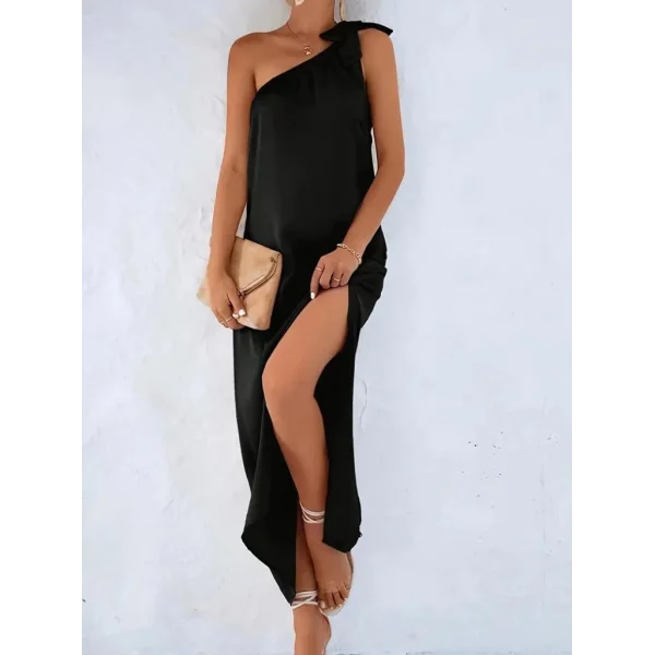 Kadın Tek Omuzdan Askılı Kurdela Detaylı Yırtmaçlı Uzun Janjan Krep Elbise